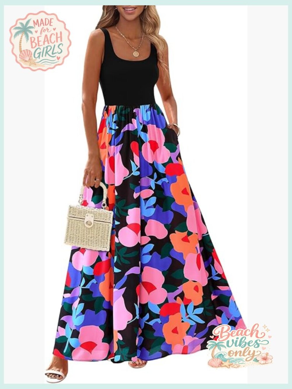 Boho Floral Tank Maxi Dress Sleeveless Scoop Neck A-Line Beach Vacation